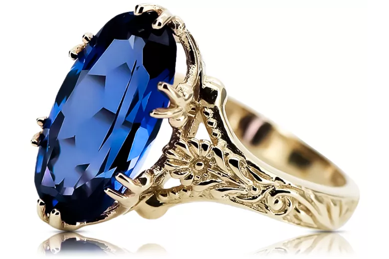 Pierścionek z żółtego 8k złota z Szafirem vrc084x-sp Klasyczny Vintage Art Deco Rosyjski sowiecki styl biżuterii z epoki ZSRR